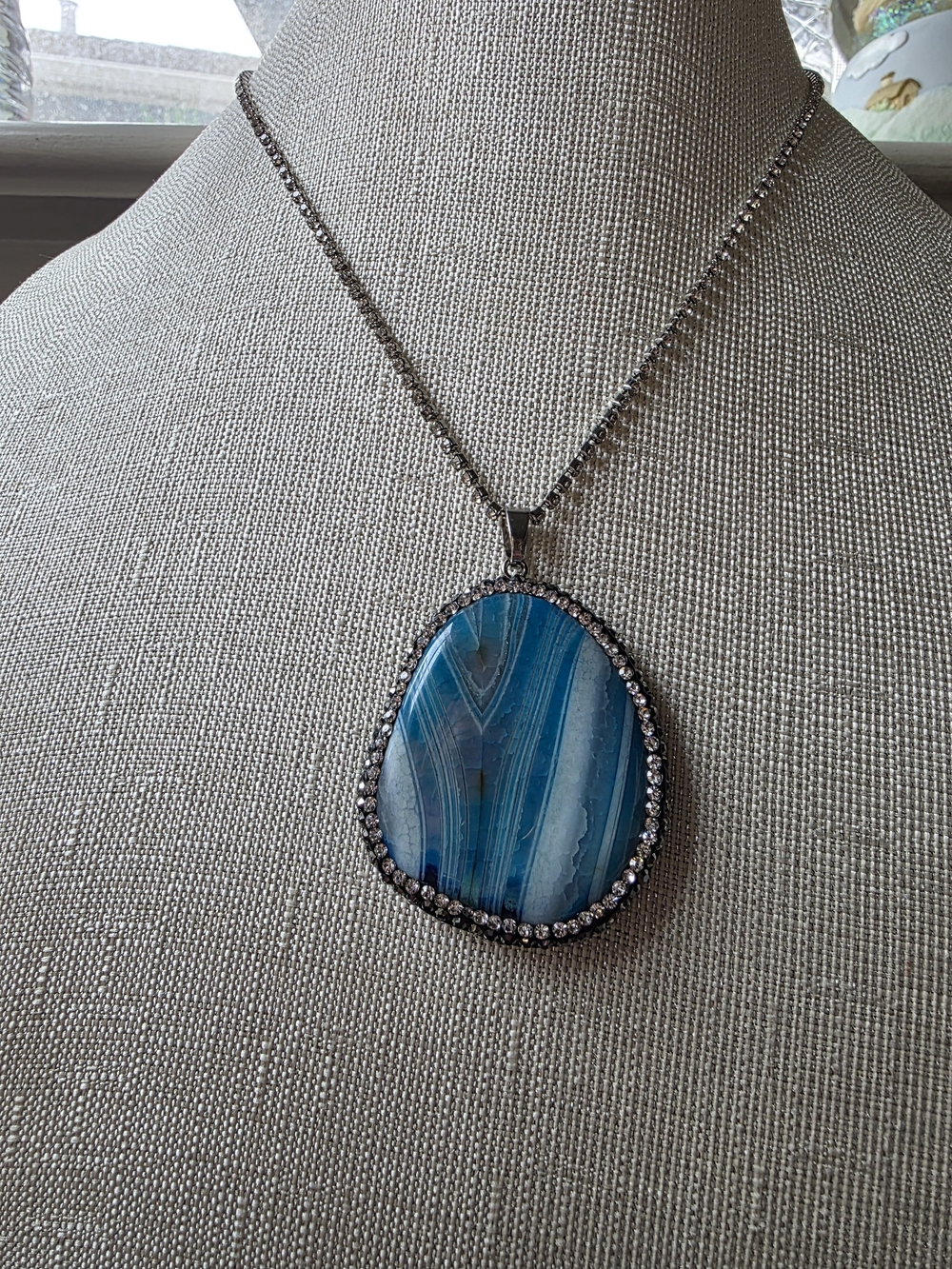 Large Blue Agate Slice Pendant Necklace, 17-19" Silver Boho Jewelry - Picture 2 of 11